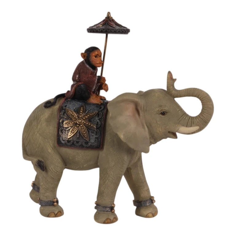 Tierfigur Elefant mit Affe – braun – 19 cm