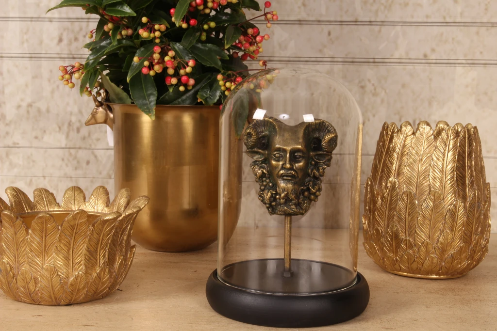 Bacchus-Statue mit Glaskuppel – Gold – 23 cm – Kunstharz