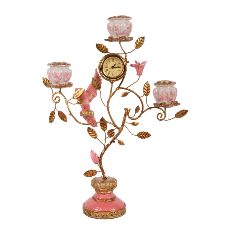 Kerzenständer Papagei mit Uhr - 32 cm - rosa - Kunstharz