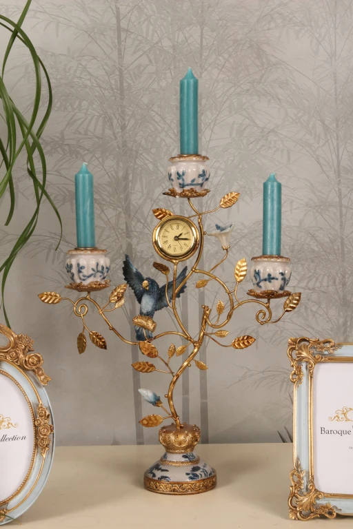 Kerzenständer Papagei mit Uhr – 32 cm – blau – Kunstharz