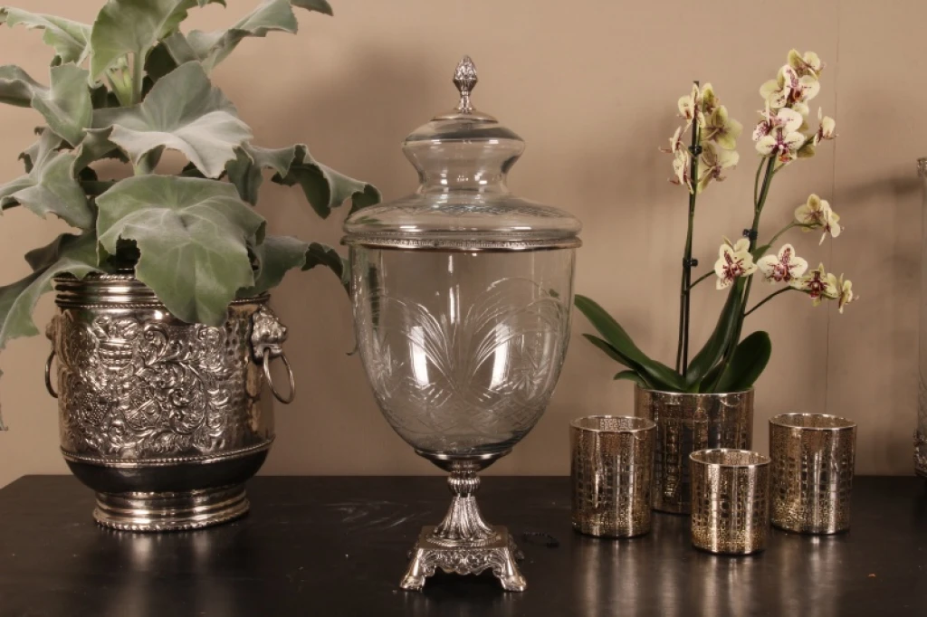 Vase mit Deckel - 51 cm - Silber - Glas und Aluminium